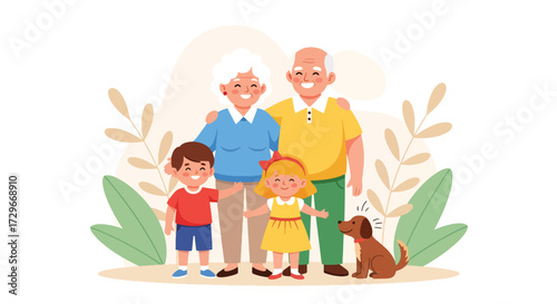 Adobe illustrator artwork vector illustration. Happy grandparents and grandchildren enjoy time together at a playground with their dog, symbolizing family fun and active aging