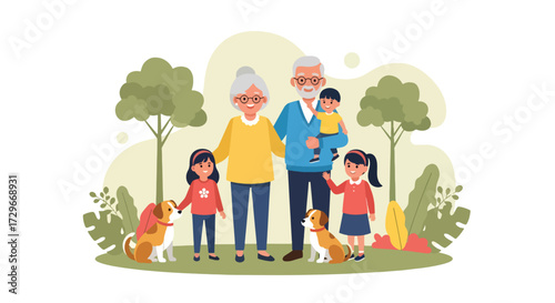 Adobe illustrator artwork vector illustration. Happy grandparents and grandchildren enjoy time together at a playground with their dog, symbolizing family fun and active aging