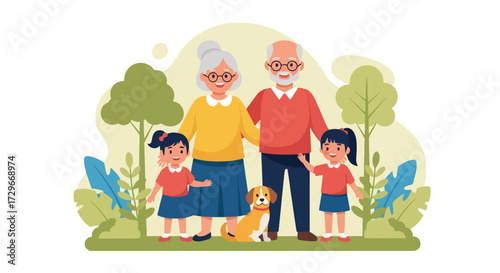 Adobe illustrator artwork vector illustration. Happy grandparents and grandchildren enjoy time together at a playground with their dog, symbolizing family fun and active aging