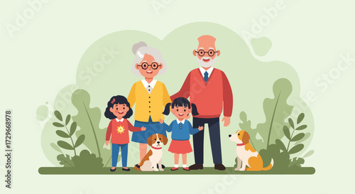 Adobe illustrator artwork vector illustration. Happy grandparents and grandchildren enjoy time together at a playground with their dog, symbolizing family fun and active aging