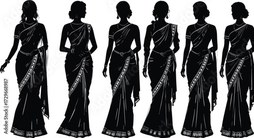 Elegant Indian woman silhouettes wearing traditional saree dress, cultural fashion illustration, ethnic clothing vector artwork, feminine style design for stock