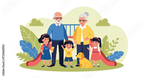 Adobe illustrator artwork vector illustration. Happy grandparents and grandchildren enjoy time together at a playground with their dog, symbolizing family fun and active aging