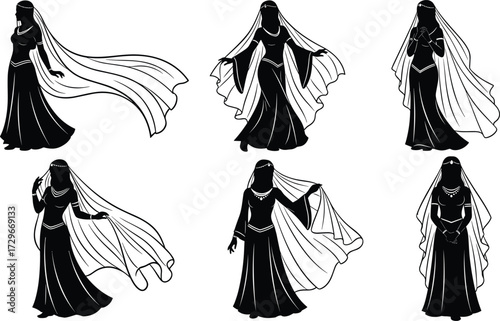 Elegant traditional woman silhouette illustration, mysterious female character design, cultural attire artwork, modest fashion, ethnic costume, graceful feminine artwork, black dress