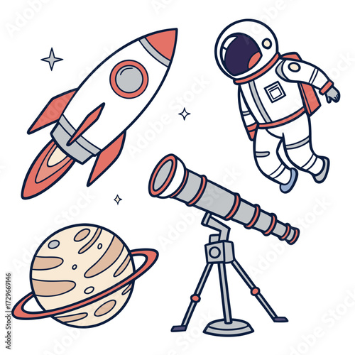 Space exploration and astronomy concept includes rocket, astronaut, telescope, and planet for cosmic adventure and scientific discovery