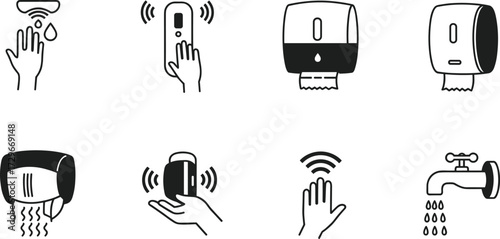 Hygiene, icons, bathroom, handwashing, soap dispenser, hand dryer, faucet, sensor, vector, symbol, antiseptic, touchless, automatic, black, white, clean