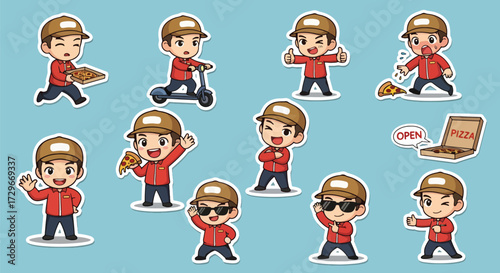 Adobe illustrator artwork vector illustration. A fun sticker set of a pizza delivery man in various poses and expressions, perfect for food service and quick delivery themes