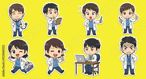 Adobe illustrator artwork vector illustration. A versatile sticker set featuring a male doctor character expressing various emotions, ideal for healthcare and communication designs