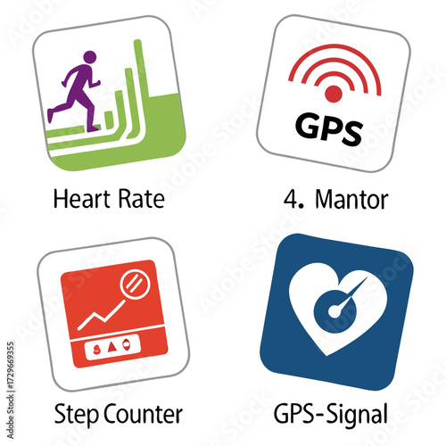 Fitness tracker icons set of icons for heart rate, gps signal, step counter, and mentor app vector illustration of health and activity tracking