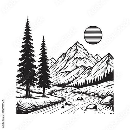 Mountain River Landscape with Pine Trees and Sun, Black and White Vector Illustration