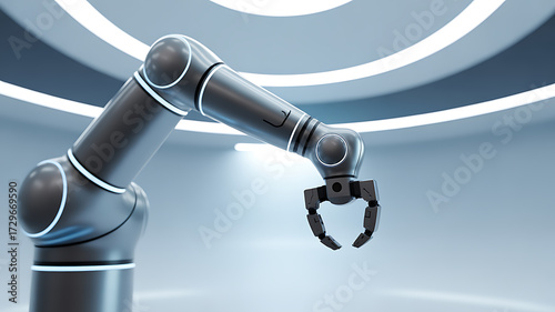 Robotic arm with articulated joints and gripper in a futuristic industrial setting