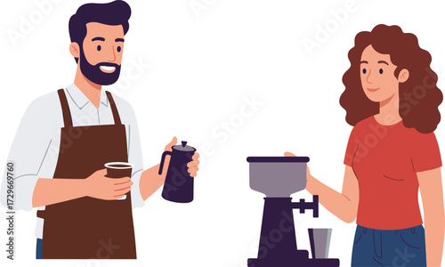 Male barista pouring, female customer brewing, coffee illustration, supportive apron, coffee grinder, interaction, drink preparation, espresso