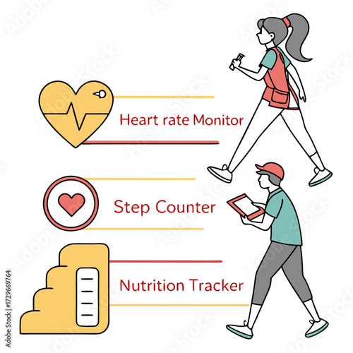 Illustration showing a heart rate monitor, step counter, and nutrition tracker, alongside people walking, promoting health and fitness monitoring