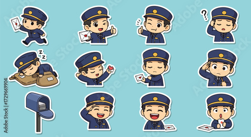 Adobe illustrator artwork vector illustration. A set of cute postman character stickers showing various emotions and actions related to mail delivery, perfect for communication designs