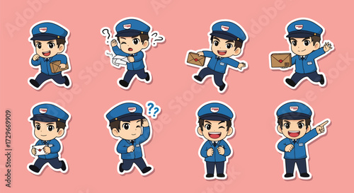 Adobe illustrator artwork vector illustration. A set of cute postman character stickers showing various emotions and actions related to mail delivery, perfect for communication designs