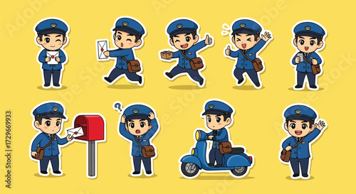 Adobe illustrator artwork vector illustration. A set of cute postman character stickers showing various emotions and actions related to mail delivery, perfect for communication designs
