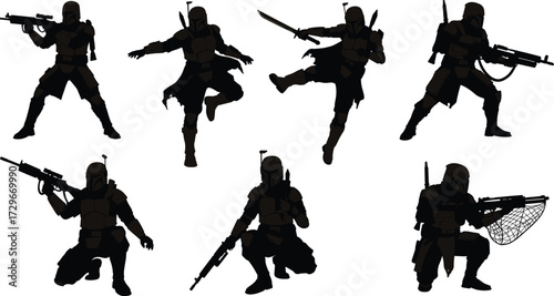 Futuristic sci fi warrior silhouette set, tactical armored soldier with weapons, combat action poses, cyberpunk battle fighter illustration design