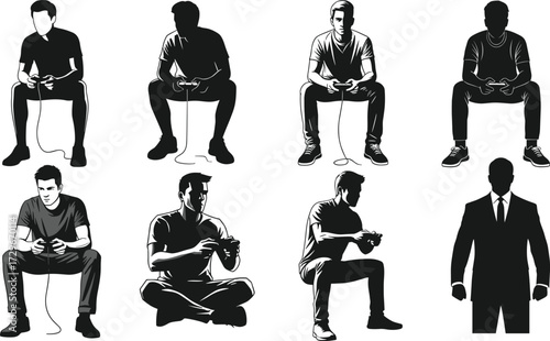 Gamer silhouette illustration set, young men playing video games, sitting poses, controller in hands, esports concept, entertainment design vector