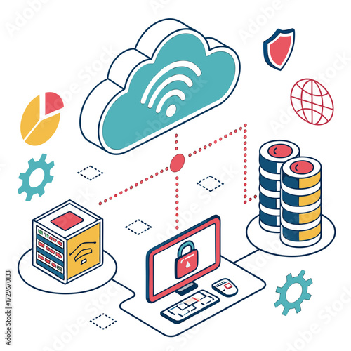 Isometric illustration of cloud computing, data storage, and cybersecurity, featuring a cloud, servers, a computer, and a shield