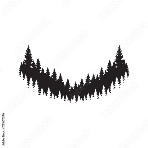  Panoramic Black Silhouette of Pine Forest Treeline on White Background Vector