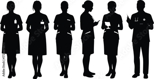 Medical staff silhouettes, nurse and doctor figures, healthcare professionals illustration, hospital team outline, clinical worker vector, medicine people concept art
