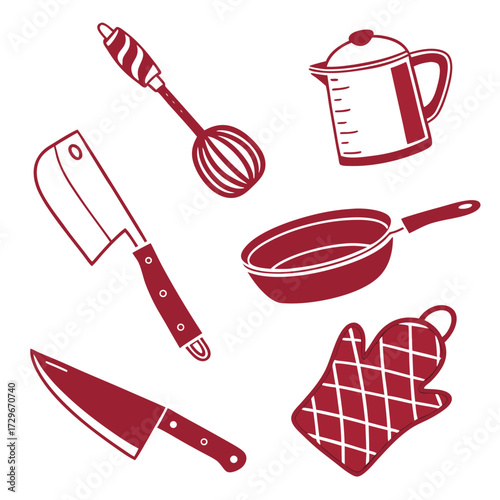 Illustration of kitchen utensils includes a whisk, measuring cup, cleaver, frying pan, knife, and oven mitt in a simple, handdrawn style
