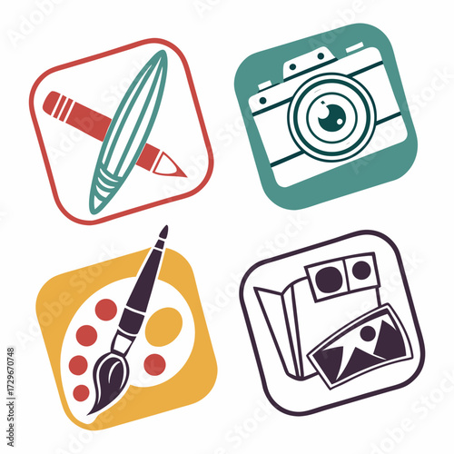 Creative pursuits icons a camera, a paintbrush, a pencil, and a pair of 3d glasses, representing photography, painting, drawing, and viewing
