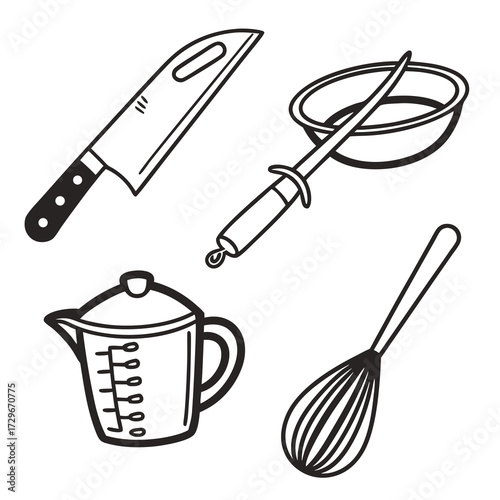 Black and white illustration of kitchen utensils perfect for culinary projects, recipe books, and cooking blogs a simple and clean design