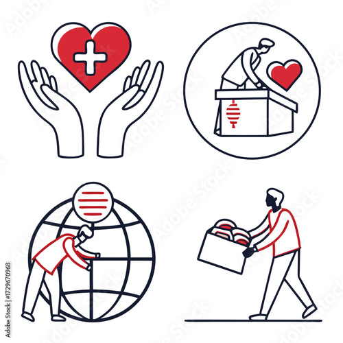 Humanitarian aid and global support illustration featuring hands, heart, globe, and people, representing compassion and international assistance