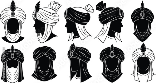Oriental turban headwear silhouette vector illustration, traditional cultural fashion accessory, ethnic historic clothing design, heritage male costume, decorative headdress art