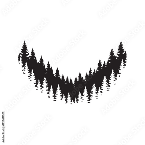  Panoramic Black Silhouette of Pine Forest Treeline on White Background Vector