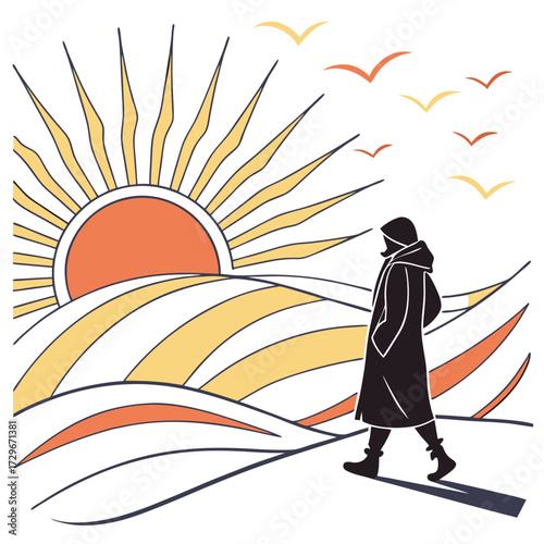 A lone figure in a coat walks towards a radiant sun over rolling hills, with birds flying overhead, creating a serene and contemplative scene