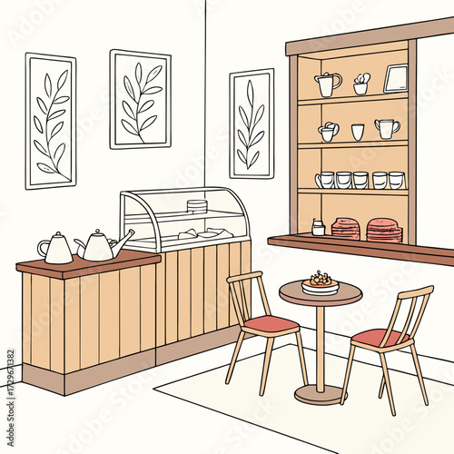 Cozy cafe interior a charming space with pastries, tea, and comfortable seating for a relaxing experience