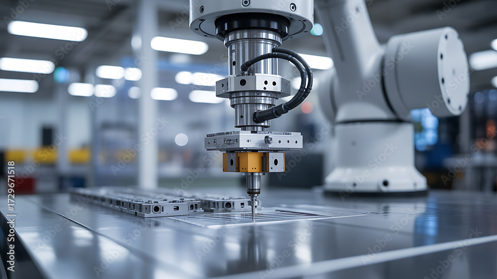 Fototapeta premium Industrial robotic arm performing precision drilling on metal components in a modern manufacturing facility