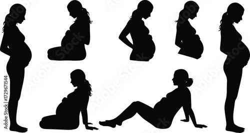 Pregnant woman silhouette collection, maternity stages, expecting mother vector illustration, pregnancy poses, black silhouette of woman body isolated on white