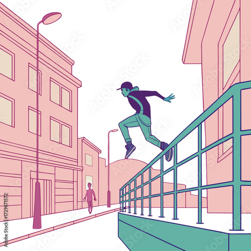 A vibrant illustration of a parkour athlete leaping over a railing in a bustling city street, with buildings and a pedestrian in the background, capturing urban energy