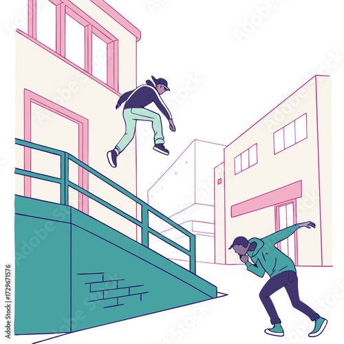 A dynamic illustration showcasing two parkour athletes in an urban setting, one leaping from a ramp while the other prepares to follow, set against a backdrop of city buildings