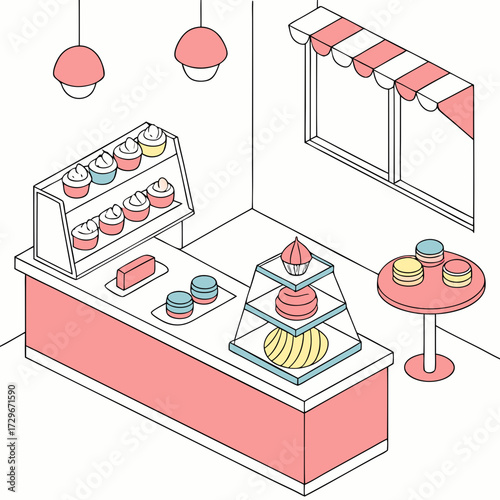 Isometric illustration of a charming bakery interior with a display case full of cupcakes, cakes, and macarons, creating a sweet and inviting atmosphere