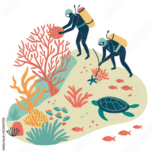 A vibrant illustration of coral reef restoration with divers planting coral, highlighting human efforts to revive marine ecosystems and protect biodiversity
