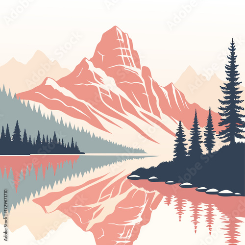 Majestic mountain range reflecting in a calm lake, framed by evergreen forests and rocky shores, evoking a sense of awe and wonder