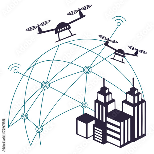 Two drones are flying over a city, connected to a global network, symbolizing the use of drones for urban planning, surveillance, and delivery services
