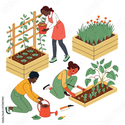 A vibrant illustration of people gardening in raised beds, planting vegetables and flowers, showcasing community gardening and sustainable living