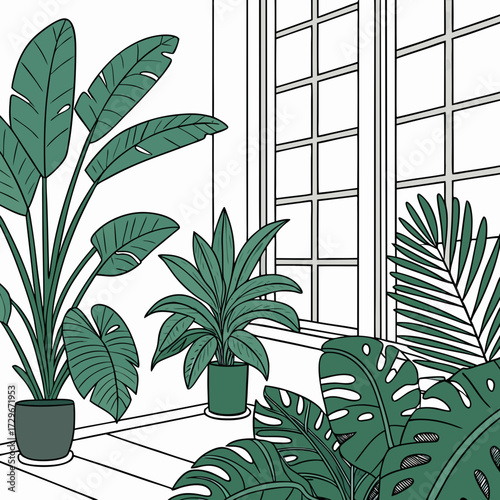 A serene illustration of indoor plants in pots near a window, creating a calming and green space, perfect for home decor and nature themes