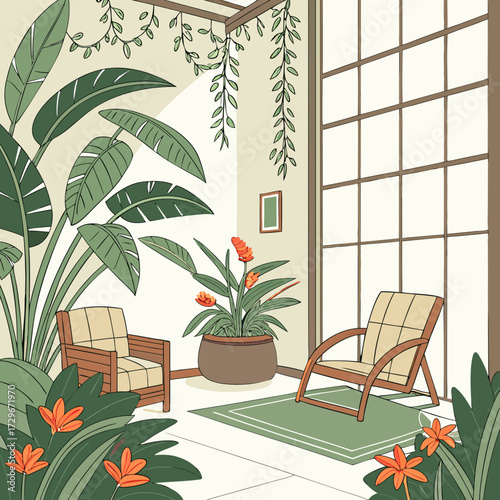 Illustration of a cozy sunroom with tropical plants, comfortable chairs, and large windows, creating a relaxing indoor oasis with a botanical garden vibe