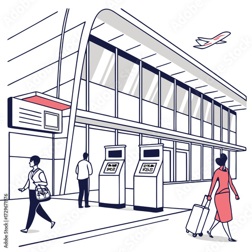 Illustration of a modern airport terminal with people, checkin kiosks, and an airplane taking off