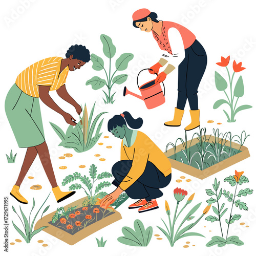 Cheerful community members are enjoying gardening together, planting vegetables and flowers in raised beds, watering plants, and fostering a sense of community