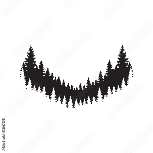  Panoramic Black Silhouette of Pine Forest Treeline on White Background Vector