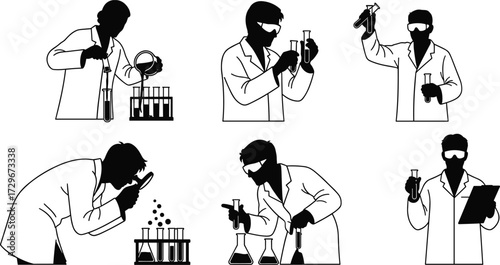 Scientist silhouette working in laboratory, mixing chemicals, holding test tubes, lab research illustration, science experiment, chemistry analysis, biology research, education concept