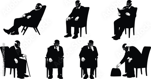 Silhouette elderly man sitting, relaxing, reading, thinking, holding cane, resting, contemplating, senior lifestyle, retirement activities, old age leisure illustration
