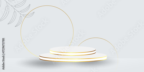 Realistic white 3D cylindrical podium background with floating overlap circles gold lines. Minimalist mockup pedestal, abstract product display presentation, Stage showcase. Platforms vector design.