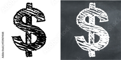 Chalk hand-drawn dollar currency symbol vector. Perfect for finance, banking, and business themes. It captures a raw, sketchy feel with a textured aesthetic, great for creative and artistic designs.